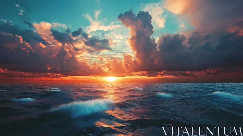 Glowing ocean sunset wrapped in dreamy clouds and soft waves.