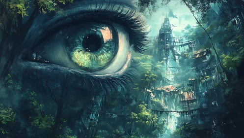 Colossal organic eye surveils decayed vertical jungle megastructure