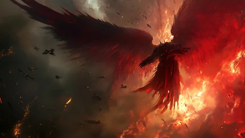 Armored crimson angel descending within apocalyptic firestorm.