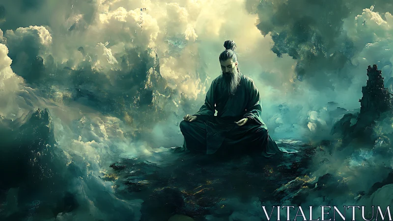 Bearded monk meditates in swirling cloudscape with teal light