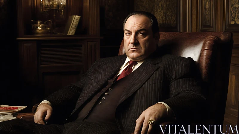 Powerful suited man sits in leather chair in dim office