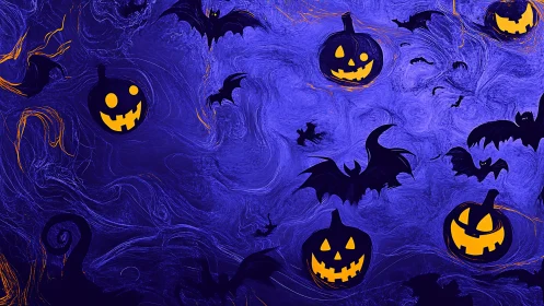 Spectral jack-o&rsquo;-lantern swarm over turbulent violet vortex field.