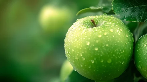 Green apples with dew in soft-focus orchard lighting.