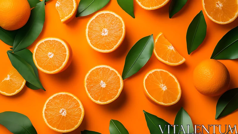 Vibrant orange citrus halves with glossy green leaves on solid.