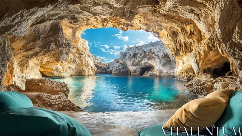 Limestone sea grotto lounge with cyan lagoon illumination.