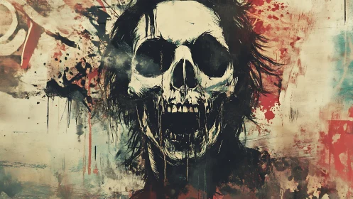 Skull faced figure on distressed abstract painted background.