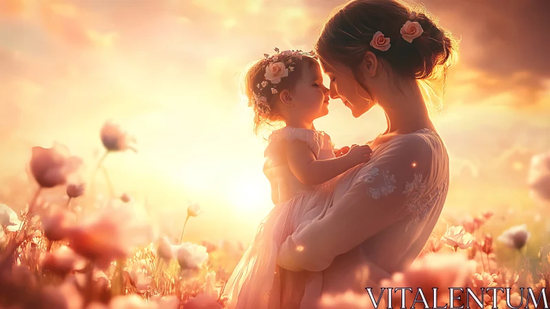 Woman and child in flower field with warm backlighting.