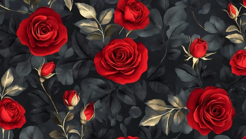 Red Roses on Dark Background with Gold Leaf Accents.