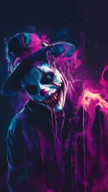 Neon nightmare jester melting through electric midnight haze.