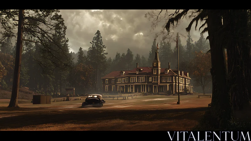 Overcast lodge courtyard with vintage sedan under diffuse autumn light