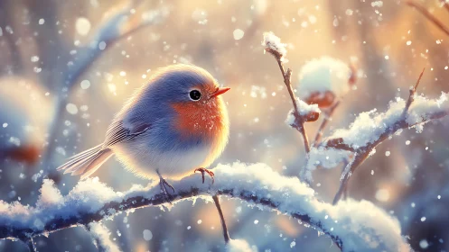 Fluffy robin perched on snowy branch in dreamy winter sunlight.
