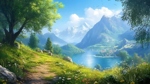 Sunny lakeside mountain path inviting a slow, peaceful walk.