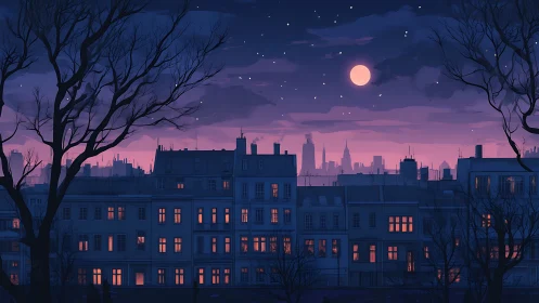 Moonlit urban skyline over violet dusk-lit apartments.