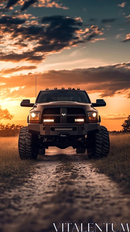 Lifted off-road pickup truck framed by sunset backlighting on rural trail