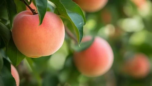 Ripe fuzzy peach on sunlit branch with shallow depth of field