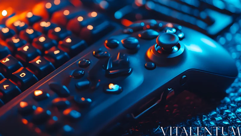 Neon-lit gamepad and keyboard glow in cyber lounge haze.