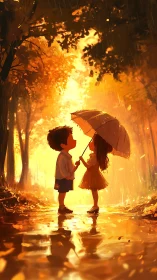 Two Children with Umbrella Stand in Fiery Orange Forest