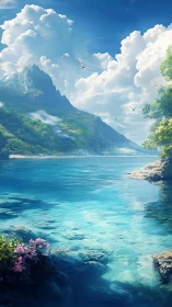 Tropical lagoon under towering clouds and emerald peaks.