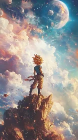 Solar-haired warrior crowns a floating summit beneath worlds