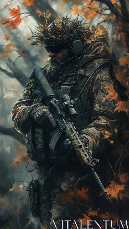 Autumn woodland sentry wrapped in quiet tactical focus.