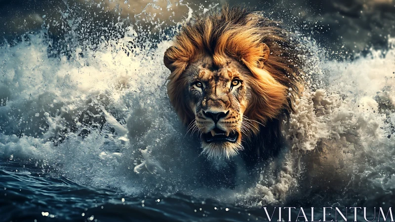 Ferocious lion bursts through crashing ocean surf in motion.
