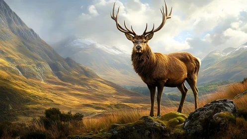 Red stag stands alert in a bright mountain valley landscape.