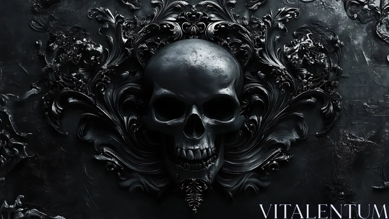 Gothic skull rising from dark swirling baroque flourishes.
