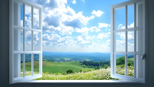 Open double casement window framing rolling rural valley panorama.