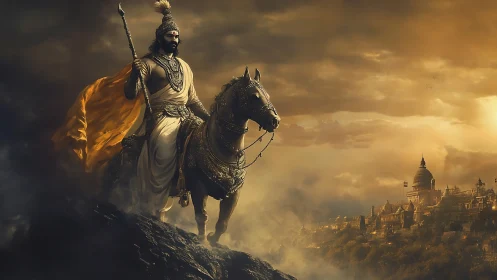 Warrior king on horseback over misty golden citadel at dusk.