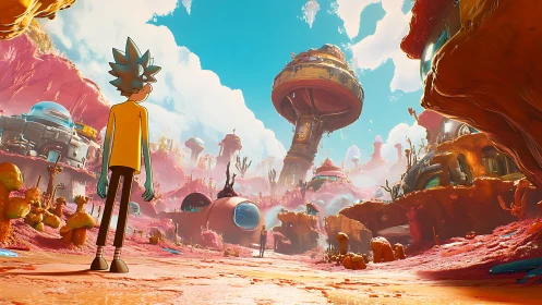 Cartoon figure in colorful alien settlement landscape.