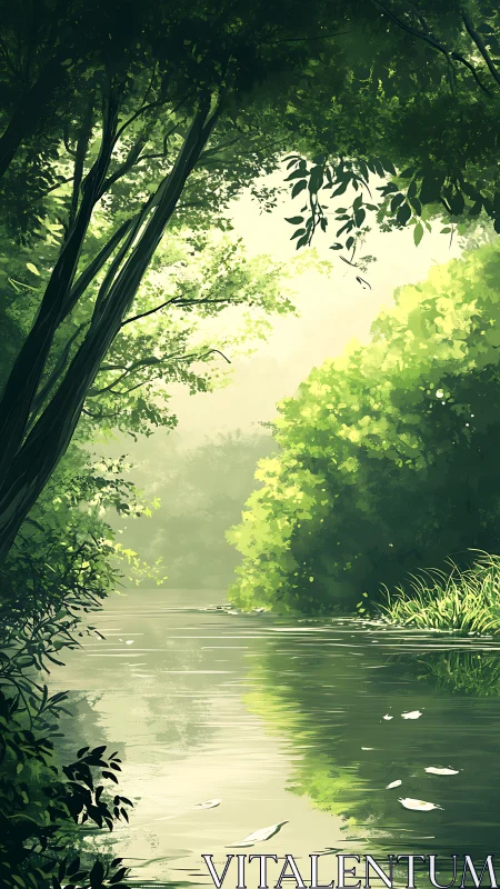 Sunlit River Through Forest Canopy.