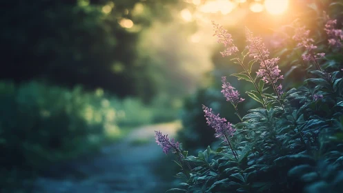 Wild purple flowers catch golden sunrise along forest path
