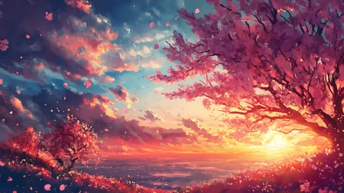 Sakura coastline at sunset with luminous volumetric cloudscape