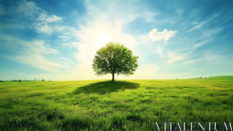 Solitary deciduous tree centered in expansive green meadow.