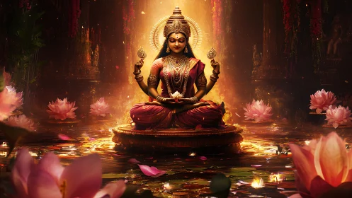 Digital depiction shows seated female deity amid lotus pool