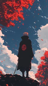 Solitary cloaked swordsman stands beneath crimson canopy