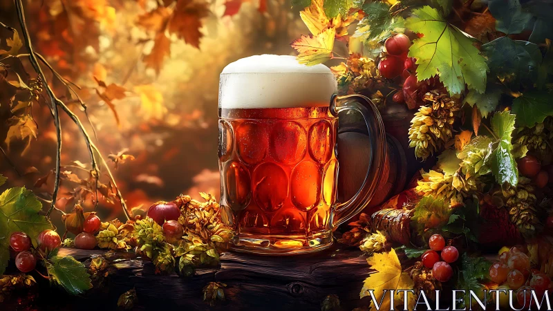 Autumnal lager stein amid hops, fruit and diffuse bokeh glow.