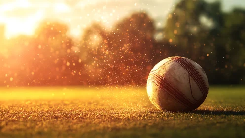 Weathered soccer ball glows in golden sunset dust field.