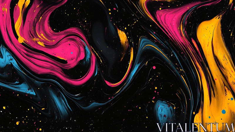 Fluorescent paint streams curve over deep black void