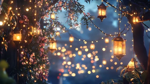 Hanging lanterns among foliage and string lights at dusk.