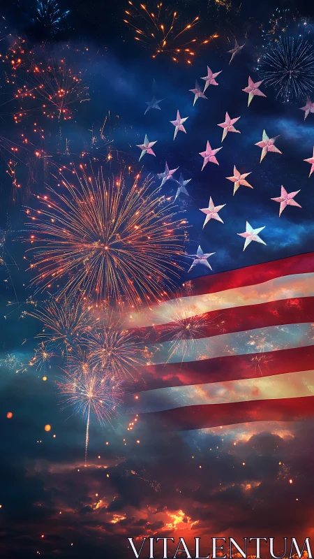 Starry night sky of fireworks wrapped in a flag glow.