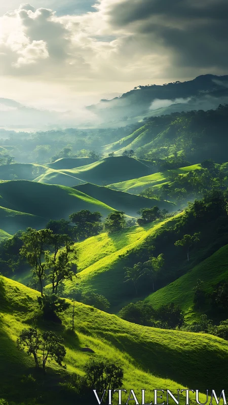 Sunlit emerald hills roll gently beneath misty mountain skies