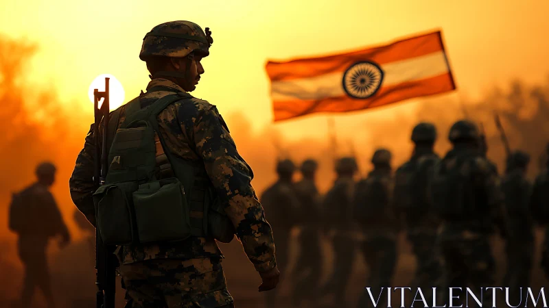 Indian military personnel in formation at sunset field.