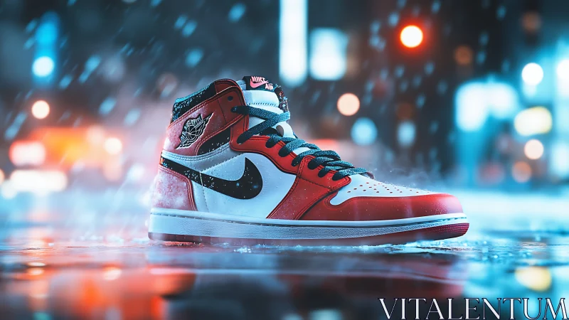 Red and white sneaker stands on wet neon city street at night