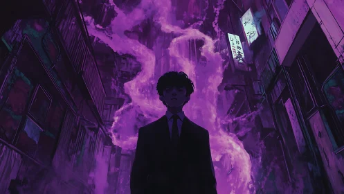 Solitary suited figure confronts swirling violet alley aura