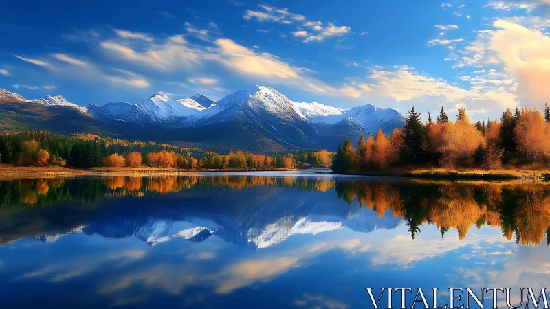 Snowy mountain range reflects in calm autumn forest lake