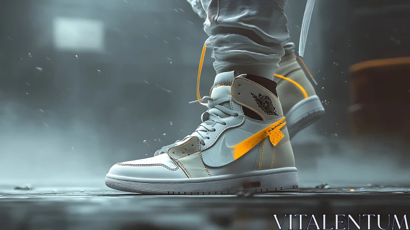 High-top sneakers in wet urban street environment at night.