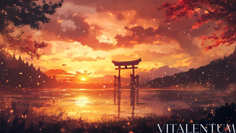 Torii gate rises over glowing lake at burning sunset