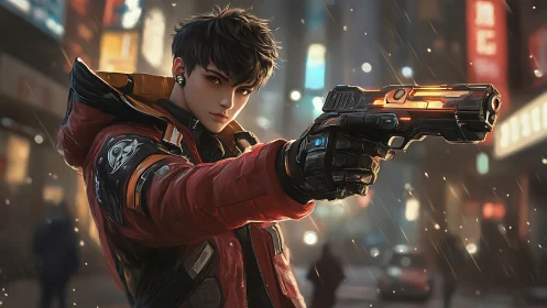 Nightfall gunslinger in neon rain, poised between choices.