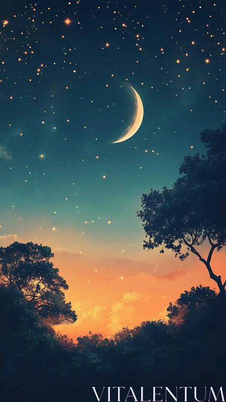 Crescent moon over glowing forest at vivid twilight sky.